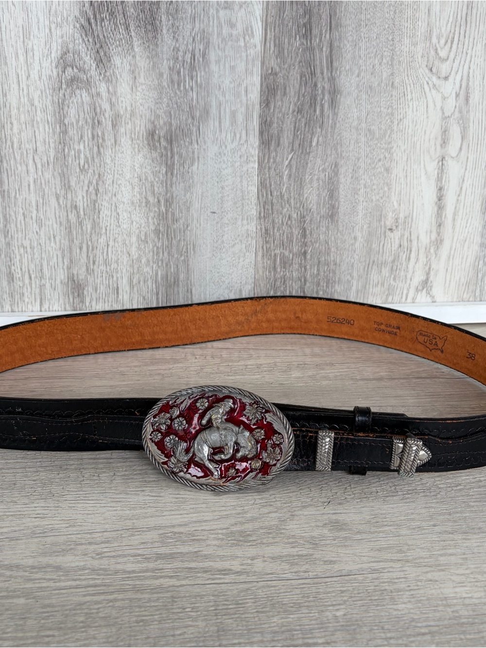 VTG The Great American Buckle Western Buckle W Belt USA 1986 Red Rodeo Size 38